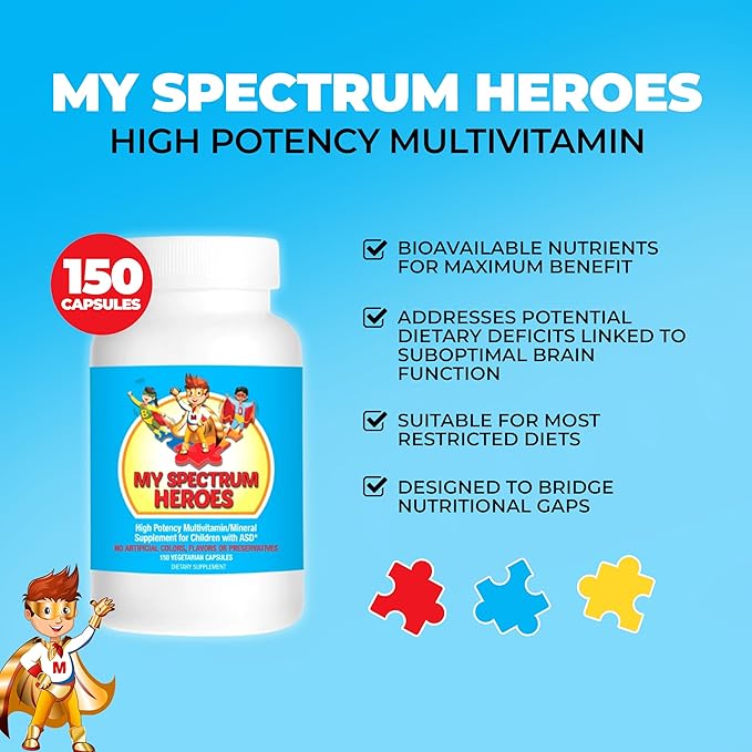My Spectrum Heroes Children's Multivitamin Supplement - Acetyl-l-carnitine Choline Coenzyme Q10 Inositol MSM MTHF NAC for Daily Nutritional Help and Cognitive Health (150 Capsules)