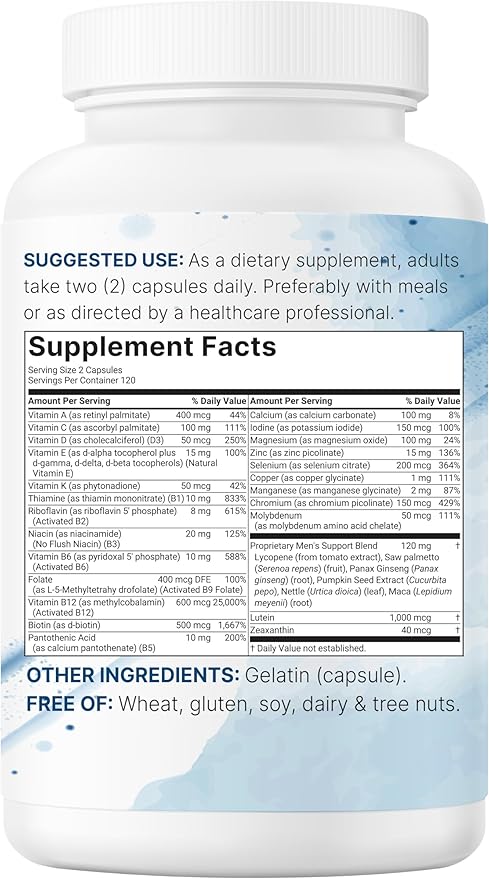 Micro Ingredients Pure Methylated Multivitamin for Men 240 Capsules | with Vitamin C D E B Complex + Methylfolate lycopene Saw Palmetto Ginseng &amp Maca | Men’s Daily Support | Filler Free