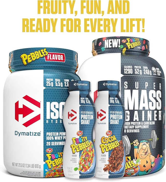 Dymatize x Fruity Pebbles ISO100 Whey Protein Powder Isolate 25g of Protein 20 Servings 5.5g BCAAs 120 Cal. Gluten Free 1g Fat 1g Sugar 2g Carb