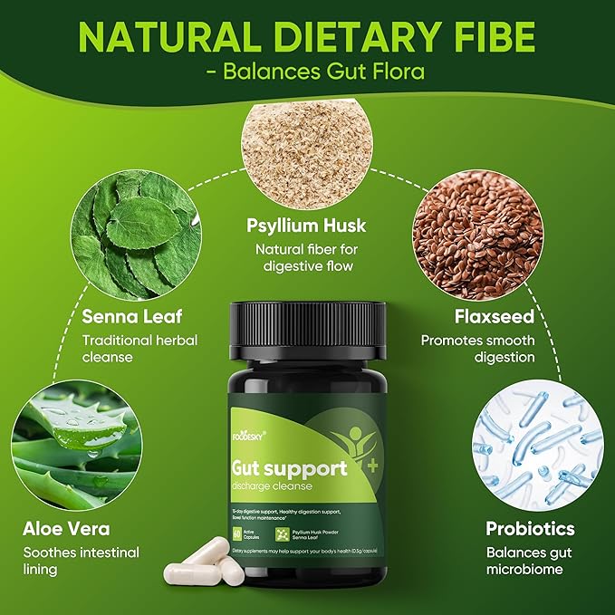 Gut Support Capsules - 15-Day Digestive Support with Psyllium Husk &amp Senna Leaf - Aids Bowel Function &amp Gut Wellness - 60 Active Capsules (1PCS)