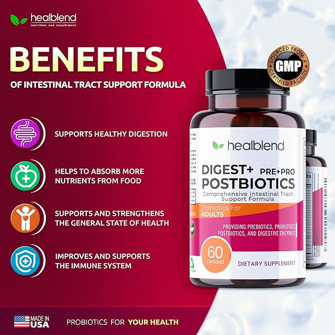Digest + Postbiotics Supplement for Women and Men Multi Enzymes Organic Prebiotic &amp Probiotic for Digestive Health with Bromeline Papin and Lipase Non-GMO Gluten-Free 60 Vegetarian Caps