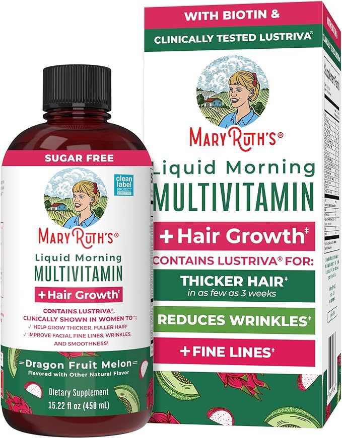 MARYRUTH'S Liquid Multivitamin + Hair Growth | Biotin 10000mcg | Lustriva Hair Growth Supplement | Clinically Tested in Women for Thicker Hair &amp Facial Wrinkle | Skin Care | Ages 18+ | 15.22 Fl Oz