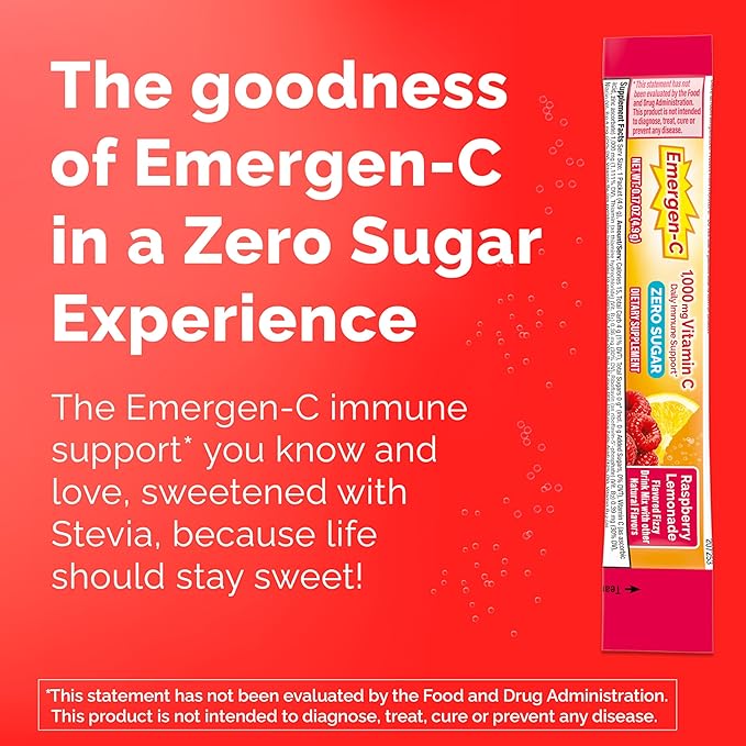 Emergen-C Zero Sugar 1000 mg Vitamin C Powder for Daily Immune Support Caffeine Free Vitamin C Supplements with Zinc and Manganese B Vitamins and Electrolytes Raspberry Lemonade Flavor - 36 Count