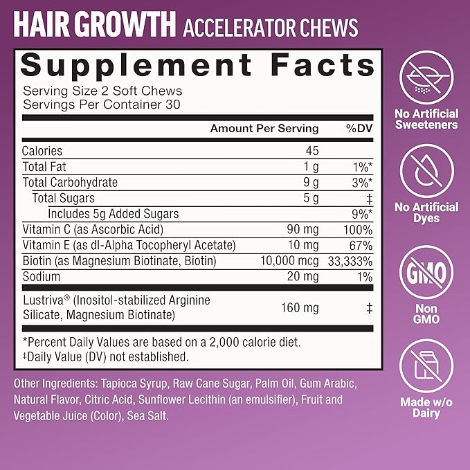 Force Factor Hair Growth Accelerator Soft Chews Lustriva &amp Biotin to Promote Thicker Stronger Fuller Hair Hair Growth Vitamins for Women Clinically Studied + Women's Multivitamin with Iron 6