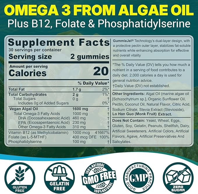 2 Pack Algae Omega 3 Gummies 1000mg Plant Based DHA 460mg &amp EPA 230mg Omega 3 Fish Oil Alternative for Adults Plus MethylFolate Vitamin B12 Phosphatidylserine No Fishy Taste Vegan Sugar Fr