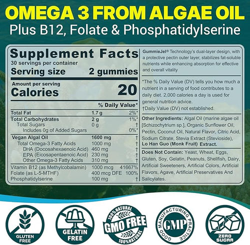 2 Pack Algae Omega 3 Gummies 1000mg Plant Based DHA 460mg &amp EPA 230mg Omega 3 Fish Oil Alternative for Adults Plus MethylFolate Vitamin B12 Phosphatidylserine No Fishy Taste Vegan Sugar Fr