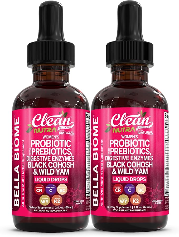 Liquid Probiotics for Women Drops with Chasteberry Black Cohosh Prebiotics Digestive Enzymes Evening Primrose Oil Wild Yam Cranberry Dmannose and Iron Vitamin D3 K2 Clean Nutra Bella Biotics (2)