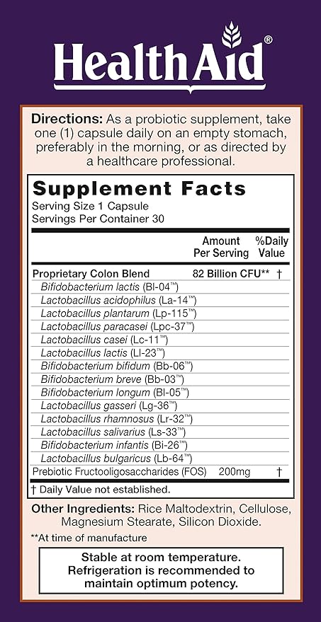 HealthAid ColonProbio 82 Billion with Prebiotic 14 Strains Once Daily 30ct Optimum Colon Care Acid &amp Bile Resistant Dairy Free Gluten Free Non-GMO