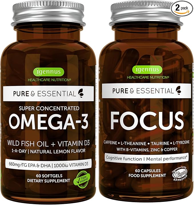 Omega-3 &amp Vitamin D3 1000iu + Focus Brain Booster Bundle Fast-Acting 1-a-Day EPA &amp DHA rTG Wild Fish Oil + Caffeine L-Theanine Taurine &amp L-Tyrosine B-Vitamins Zinc &amp Copper by Ig