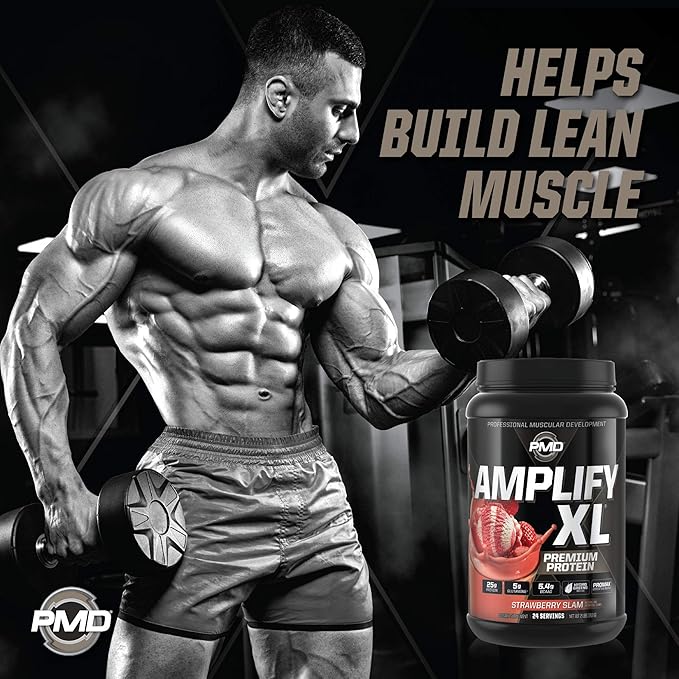 PMD Sports Amplify XL Premium Whey Protein Supplement Hydro Greens Blend - Glutamine and Whey Protein Matrix with Superfood for Muscle Strength and Recovery - Strawberry Slam (24 Servings)
