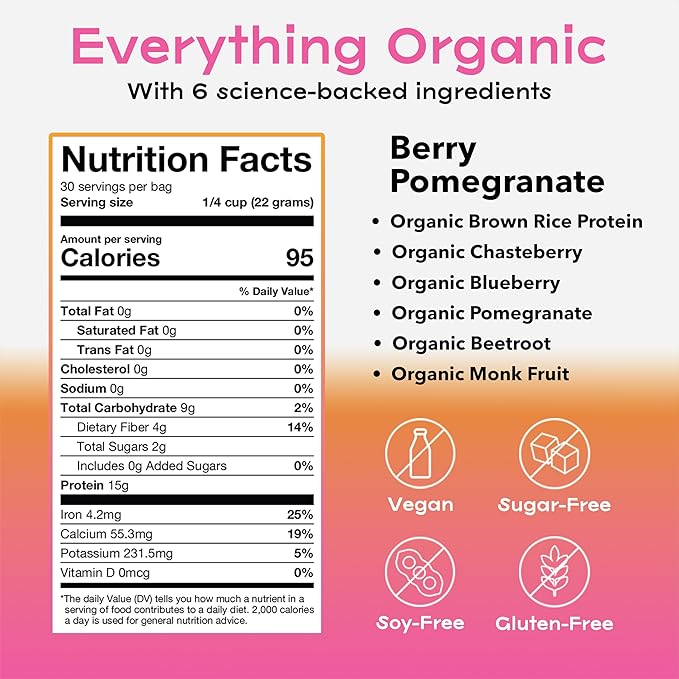 Organic &amp Vegan Protein Powder for Women Pomegranate Berry – Delicious Protein Powder Made from 6 Science-Backed &amp Nutritious Ingredients – Organic Protein Powder to Support Women in All Life