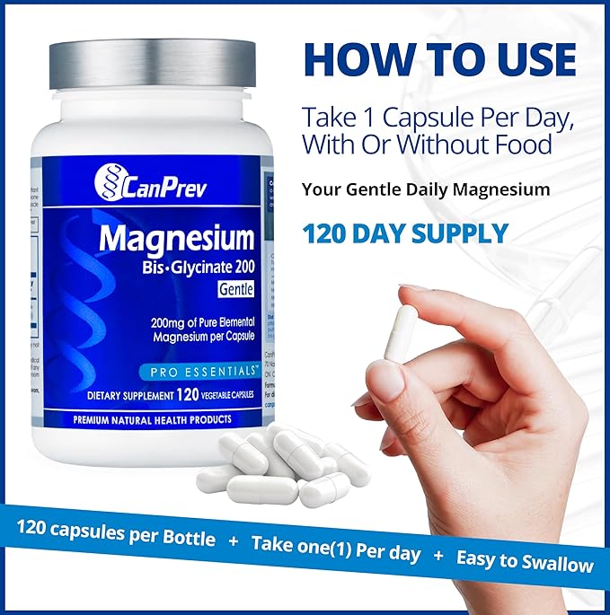 CanPrev Magnesium Bis-Glycinate Gentle 200mg 120 V-Caps 120-Day Supply - Pure Elemental Magnesium Supplement Supports Bone and Muscle Function Gentle on Stomach Perfect for Daily Magnesium Needs