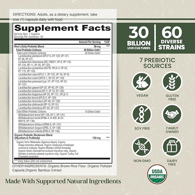 Vital Planet - Organic Flora Probiotics for Men Men's Daily Shelf Stable Probiotic 30 Billion CFU 60 Diverse Strains Prebiotic Organic Mushroom Blend Immune and Digestive Health 30 Capsules