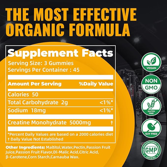 Creatine Monohydrate Gummies – Pre-Workout Energy &amp Muscle Growth Support for Men &amp Women | Passion Fruit Electrolyte Gummies (135 Count)