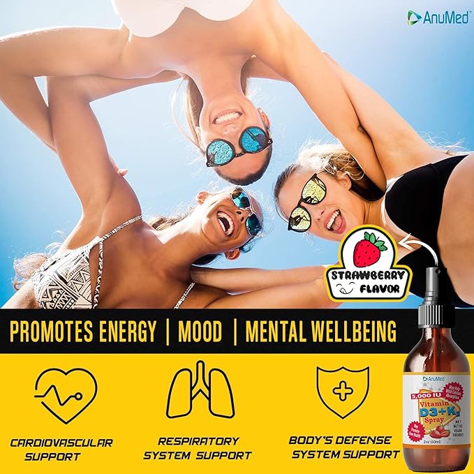 Vitamin D3 K2 5000 IU Liquid Spray with Organic MCT Oil Vitamin A (Retinol) 1250mcg K2 (MK4 MK7) Promotes Heart Bones Immune System. 100% Vegan Non-GMO No Sugar Added (2oz) (Strawberry)