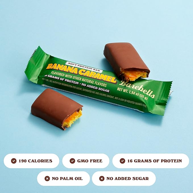 Barebells Soft Protein Bars Banana Caramel - 24 Bars (2 Packs of 12) - Protein Snacks with 16g of High Protein - Fluffy Chocolate Treat with 2g of Total Sugars - Soft Protein Snack &amp Breakfast Bar