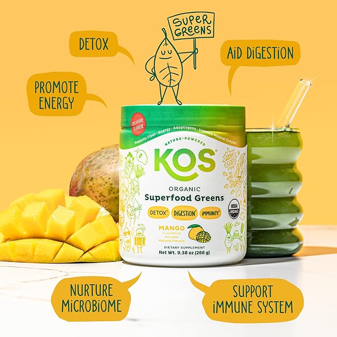 KOS Organic Superfood Greens Powder - Gut Health from Prebiotic Fiber Supergreens and Adaptogens - USDA Certified Organic Made in a GMP Certified Facility - 28 Servings Mango