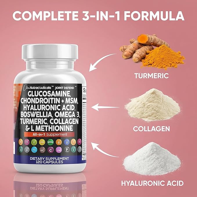 Clean Nutraceuticals Glucosamine 1500mg Chondroitin 1200mg MSM with Turmeric Curcumin Collagen Hyaluronic Acid Omega 3 – Joint Health Supplement for Men &amp Women – Joint Complex – 120 Count