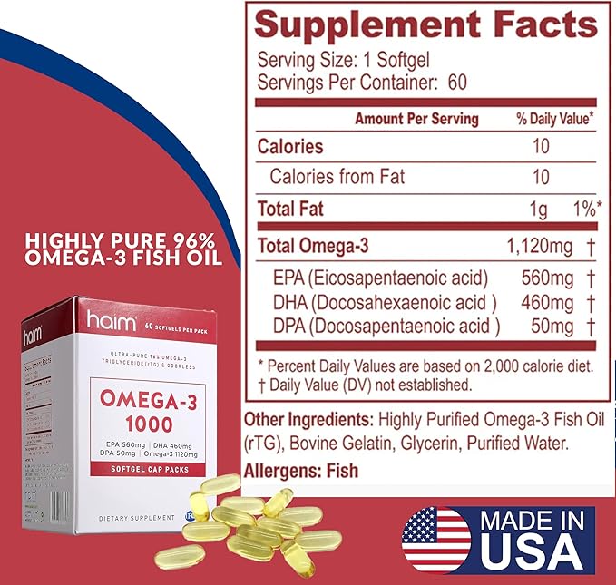 HAIM Omega-3 1000 Fish Oil Softgels — 1120mg Omega-3 with EPA DHA Fatty Acids — Burpless Odorless No Fishy Smell — Triple Strength Concentrated Supplement — Nutritional Softgels — 60 Count