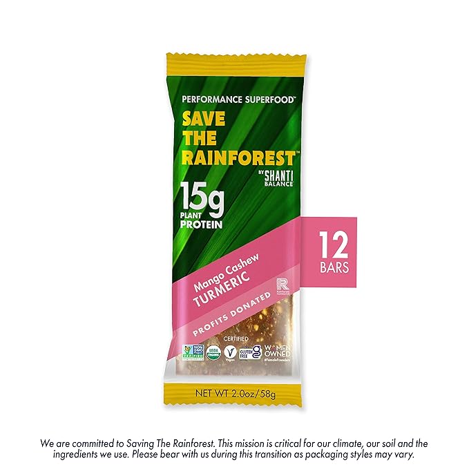 SAVE THE RAINFOREST by SHANTI BALANCE | Mango Cashew Turmeric | 15G Plant Protein | Organic Gluten Free Superfood | Gut Health Fiber | Immunity Boosting | Performance Nutrition | 12 Count 2 oz Bars