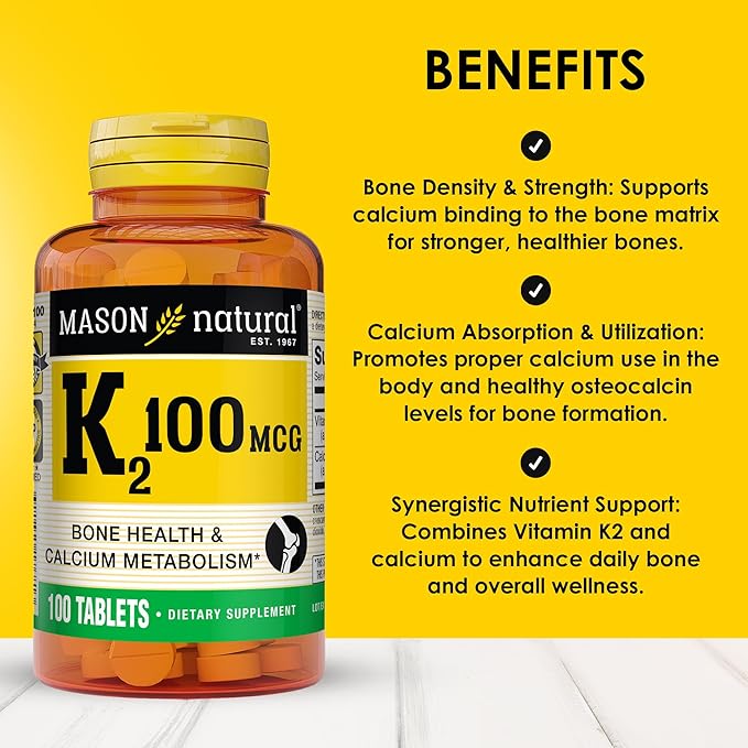 MASON NATURAL Vitamin K2 100 mcg with Calcium Supports Bone Heart &amp Muscle Health 100 Tablets Pack of 3