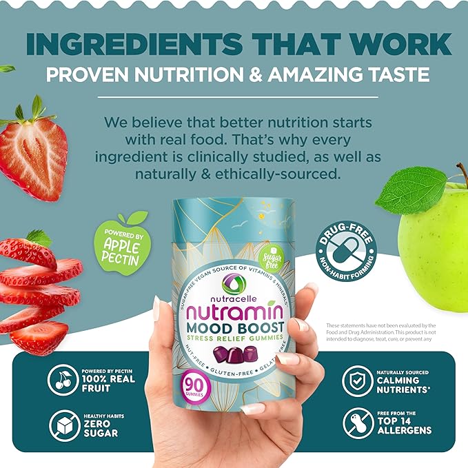 NUTRAMIN Mood Boost Multivitamin Gummy - Delicious &amp Yummy Anti-Stress Magnesium Ashwagandha Gummies + B Complex Vitamins for Focus and Calm - Sugar-Free Vegan Gluten-Free Allergy-Safe (90 Coun