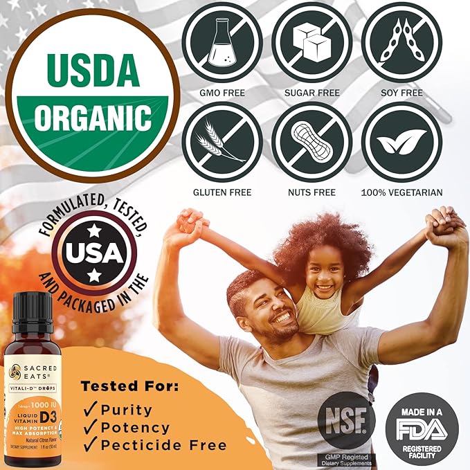 Organic Liquid Vitamin D Drops for Kids &amp Adults Sugar Free. Easy to Use 1000 IU/Drop in Coconut MCT Oil. Lasts Months Best for High Doses. Max Absorption VIT D3 Supplement. No Taste (Flavorles