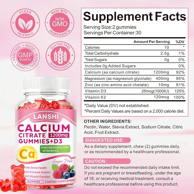 Calcium Citrate Gummies 1200mg with Vitamin D3 &amp K2 Supplements for Women &amp Men High Absorption Calcium Gummies Plus Magnesium Zinc for Strong Bones &amp Immune Support Mixed Berry Flavor