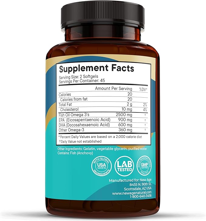 NEW AGE Omega 3 Fish Oil Supplement - Non GMO - EPA DHA Fatty Acids Gluten Free (270 Softgels (Pack of 3))