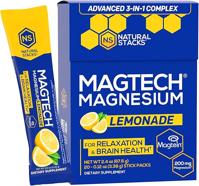 MagTech Magnesium Drink Mix - Sugar Free Lemonade - 3 Forms of Magnesium: Magtein L-Threonate Glycinate &amp Taurate - 200mg Chelated Magnesium Complex - Supports Relaxation &amp Brain Health - 20