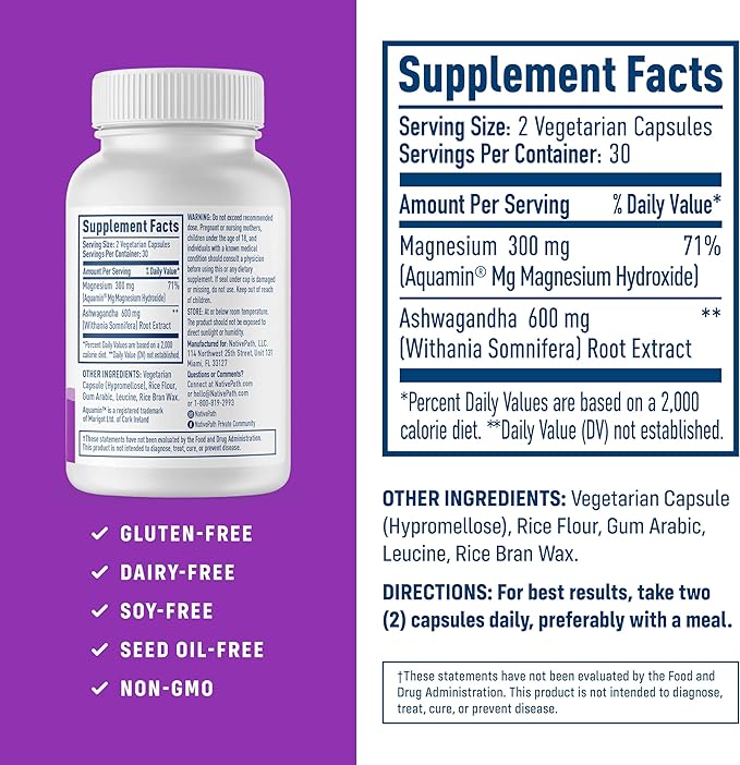 NativePath Native Balance Magnesium Supplement with Ashwagandha - High Absorption Aquamin Ocean-Sourced Formula - 60 Capsules (Pack of 2)