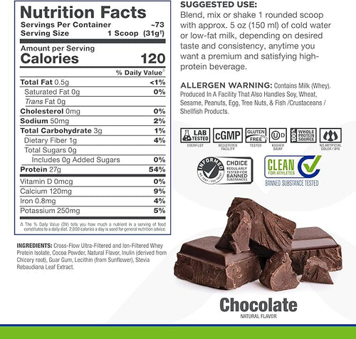 ALLMAX ISONATURAL Whey Protein Isolate Chocolate - 5 lb - 27 Grams of Protein Per Scoop - Zero Fat &amp Sugar - 99% Lactose Free - with Prebiotics - No Artificial Flavors - Approx. 73 Servings