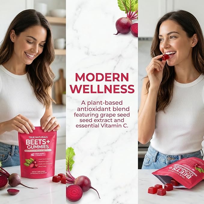 Beets+ Gummies - Beet Root Powder with Grape Seed Extract &amp Vitamin C Nitric Oxide Support Formula for Circulation &amp Cardiovascular Wellness Sugar-Free Dietary Supplement - 60 Gummies