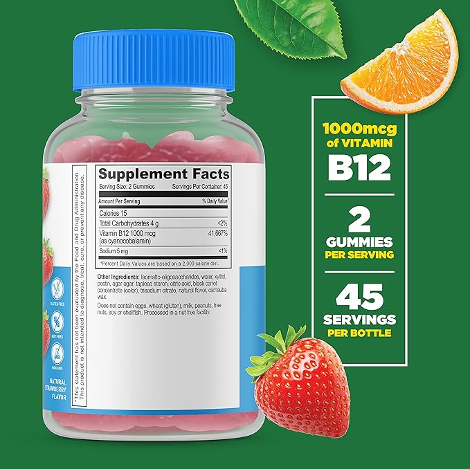 Lifeable Sugar Free Vitamin B12 + Prebiotic Fiber Gummies Bundle - Great Tasting Vitamin Supplement Gluten Free GMO Free Chewable Gummy