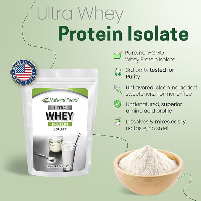 Z Natural Foods Ultra Whey Protein Isolate Powder - Pure Unflavored Unsweetened Whey Protein Powder - Flavorless Whey Isolate with Vital Proteins for Fitness Sports Nutrition Immune Support 2 lbs