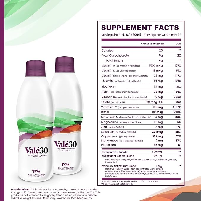TAVA Valé30 - Liquid Multivitamin - 30-Day Supplement with Vitamin A and B Complex for Men Women and Family Daily Boost Drink - 2 Bottles