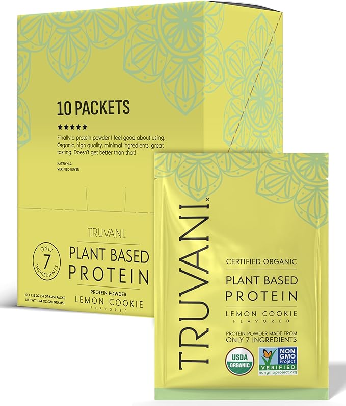 Truvani Vegan Pea Protein Powder | Lemon Cookie | 20g Organic Plant Based Protein | Single Serving Travel Packets | 10 Servings | Keto | Gluten &amp Dairy Free | Low Carb | No Added Sugar