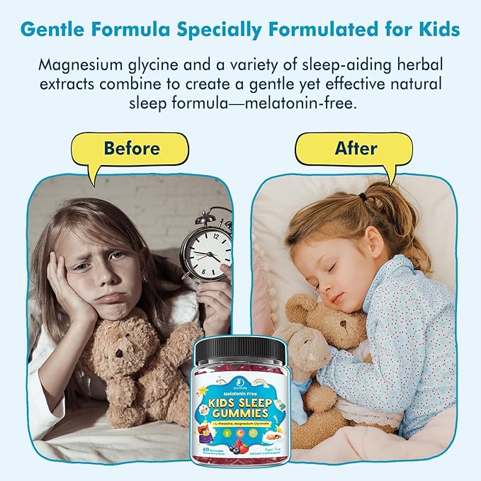 Kids Sleep Gummies with Magnesium Glycinate – Melatonin Free Bedtime Support for Kids – Calm &amp Relaxation with L-Theanine GABA Chamomile &amp Lemon Balm – Sugar Free Mixed Berry Flavor 60 Gumm