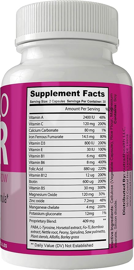 New Glo Hair Skin and Nails Supplement - Advanced Unique Hair Growth Vitamins and Minerals with Biotin - Gluten Free 60 Capsules - Hair Lash Skin and Nails Extra Strength Formula Growth Booster