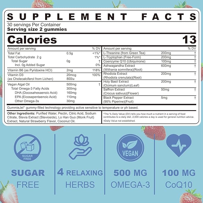 Sugar Free Ashwagandha Mood Support Filled Gummies for Women Men Calm Gummy with Vitamin D3 B6 Vegan Omega 3 L-Theanine CoQ10 &amp Rhodiola Rosea Natural Relax Calming Supplement Vegan 120Cts
