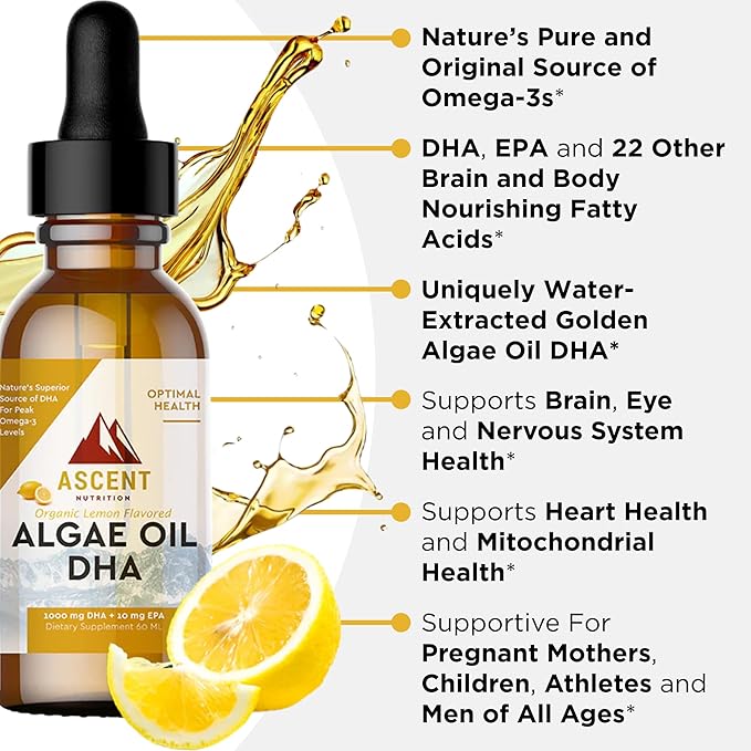Ascent Nutrition Algae Oil DHA Omega-3's | Vegan and Vegetarian | 1000 mg DHA and 10 mg EPA | Organic Lemon Flavor | 60ml