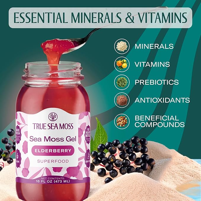 TrueSeaMoss Sea Moss Gel – Made in USA – Wildcrafted Seamoss Fruits &amp Jarred Vegetables – Elderberry Pack of 3 (Labels may Vary)