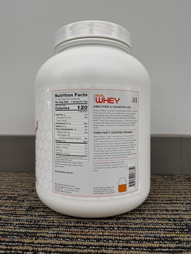 RIVAL NUTRITION Clean Rival Whey – 5LB Unflavored – 100% Whey Protein Powder Whey Isolate Primary Source | 25g Protein Muscle Gain/Recovery | All Natural No Artificial Ingredients - 72 Servings