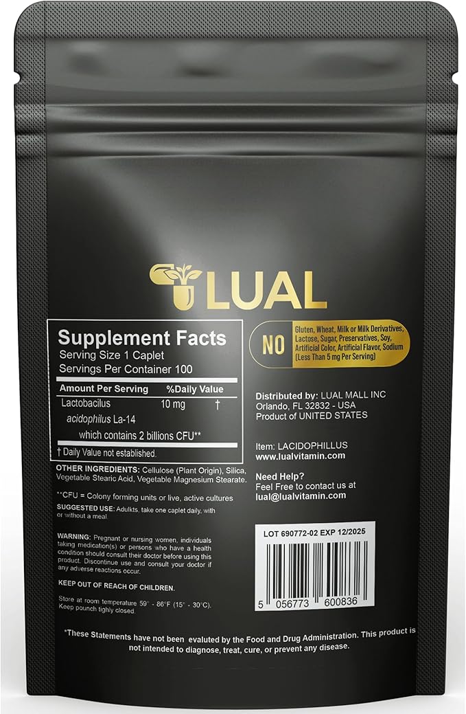 LUAL Acidophilus Probiotics for Women &amp Men – 2 Billion CFU per Caplet. Supports Digestive &amp Immune Health. Gluten-Free Non-GMO – 100 Caplets – 100 Days Supply – 1 Per Day