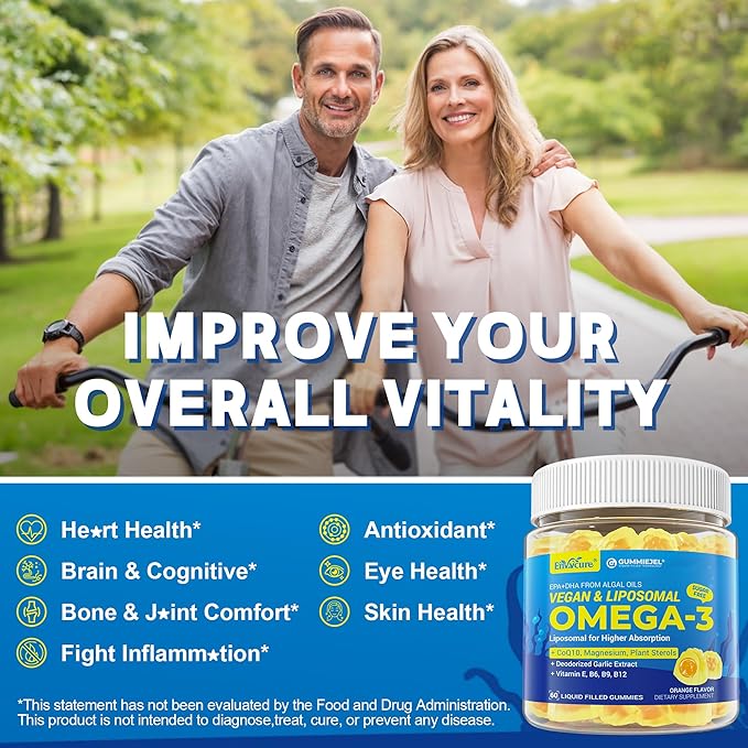 Vegan Omega-3 Gummies 1000mg +CoQ10+Magnesium- EPA 600mg &amp DHA 400mg Fish Oil Omega 3 Supplements Alternative for Women Men Adults- Liposomal Form -Algae- Plant Sterols GarlicB6B9 B12 Sugar