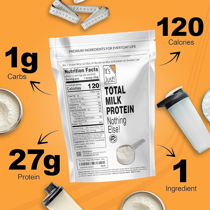 It's Just! - Total Milk Protein Concentrate Powder GLP-1 Friendly Naturally 80% Casein / 20% Whey rBSH/RBST Hormone Free No Added Sugar MPC-85 (1 Pound Unflavored)