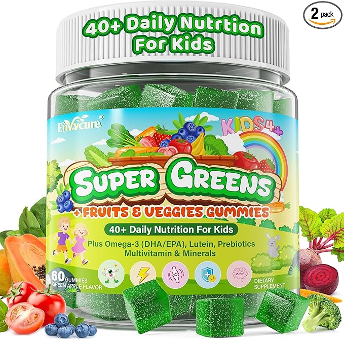 Kids Super Greens Gummies w/Multivitamins 20+ Veggie Fruit Prebiotics Calcium Omega-3 (DHA/EPA) Kids Vitamins Greens Superfood Gummies for Picky Eaters Growth Energy Immune Digestion 2 Pack