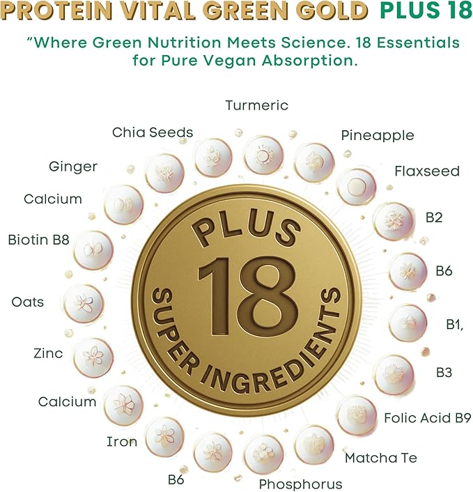 Vital Gold Vegan Protein Powder – 33g Plant Based Protein per Serving Whit 18 Super Ingredients Magnesium &amp B Vitamins Dairy Free High Protein Powder for Women &amp Men Shakes &amp Smoothie