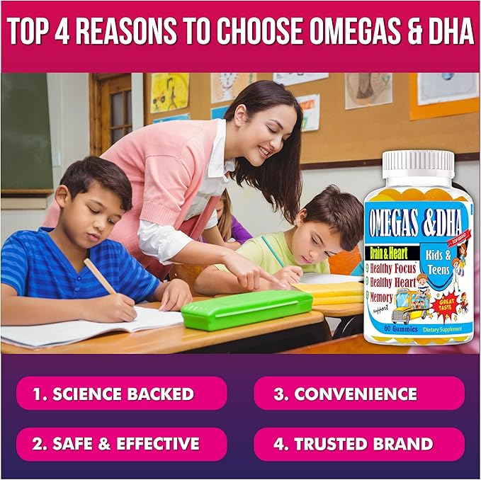 Kids Omega 3 Gummies with DHA &amp EPA – Omega 3 Supplement for Kids &amp Teens Supports Brain Focus &amp Memory Eye Health Great Taste Non-GMO 60 Count
