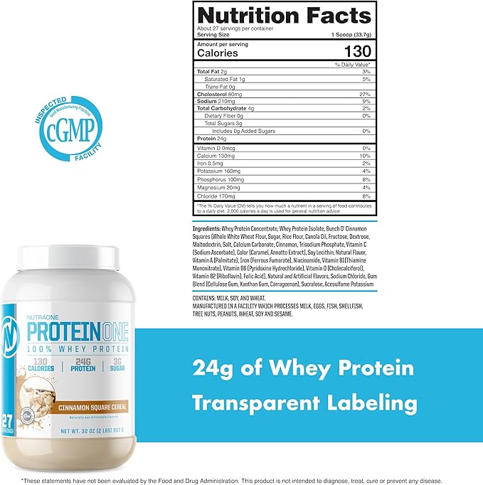 NutraOne ProteinOne Whey Protein Promote Recovery and Build Muscle with a Protein Shake Powder for Men &amp Women (Cinnamon Square Cereal- 2 lbs.)